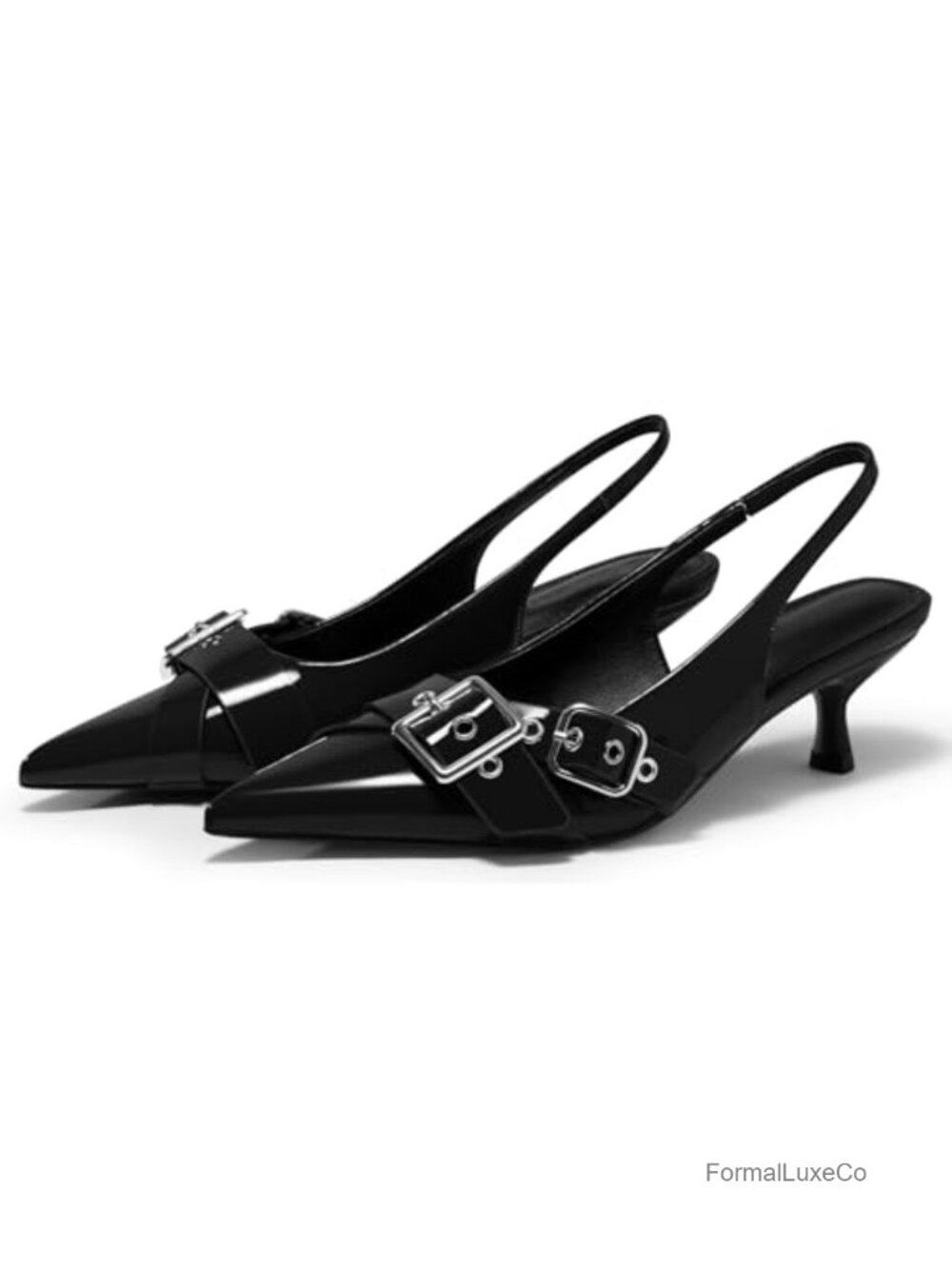 Slingback Kitten Heels Closed Pointed Toe Studded Buckle Pumps Dress Shoes
